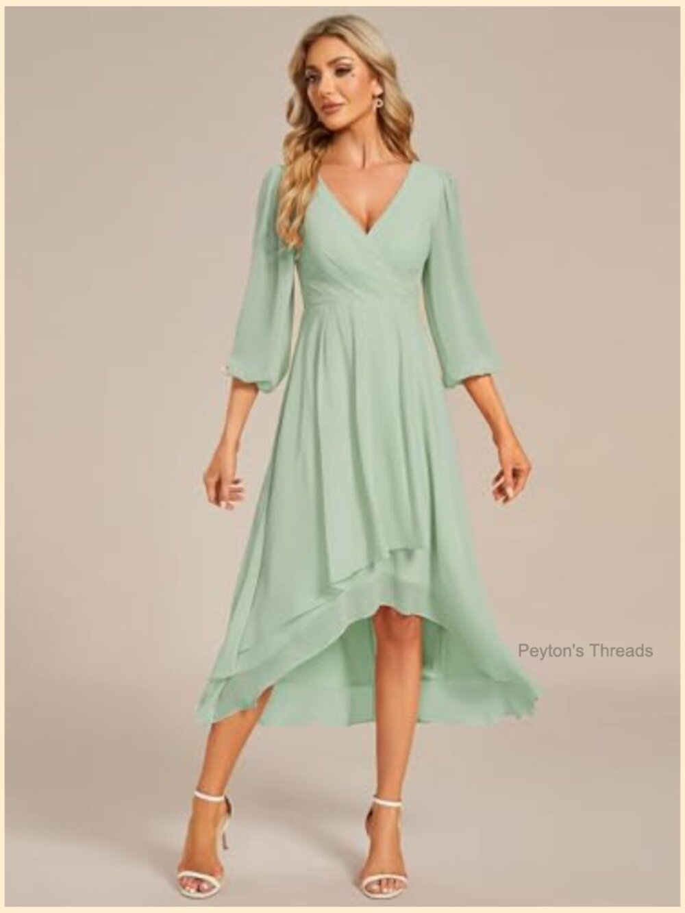 Chiffon V Neck Long Sleeve A-Line Midi Wedding Guest Dress Cocktail Party Formal - Picture 3 of 7
